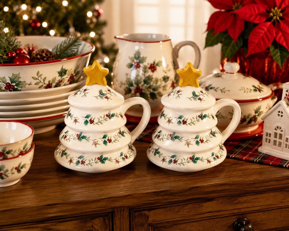 Set of Pfaltzgraff Winterberry Holly Christmas Tree Mugs w/ Lids 16 oz